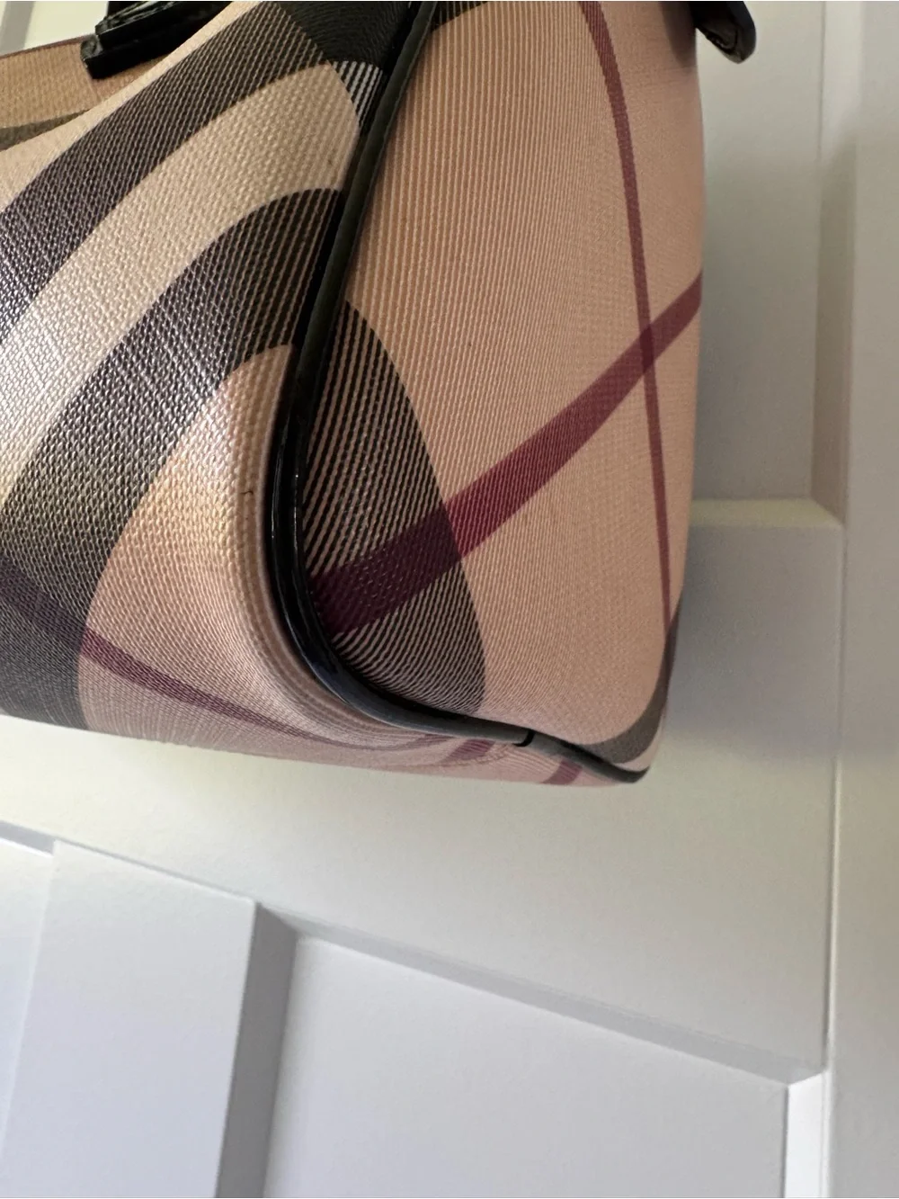 Burberry Beige Check Satchel with Black Patent Handles and Maroon Accents